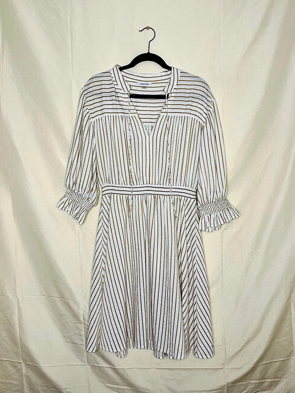 Calvin Klein Striped Midi Dress in White & Yellow Size 10 Like New
